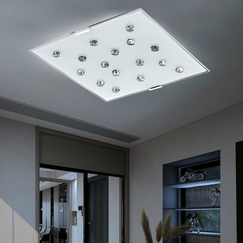 Etc-shop - led Deckenleuchte Wohnzimmer Deckenlampe Glas satiniert Schlafzimmer Deckenleuchte Stahl weiß, mit klaren Glassteinen, 1x led 12W 1020Lm