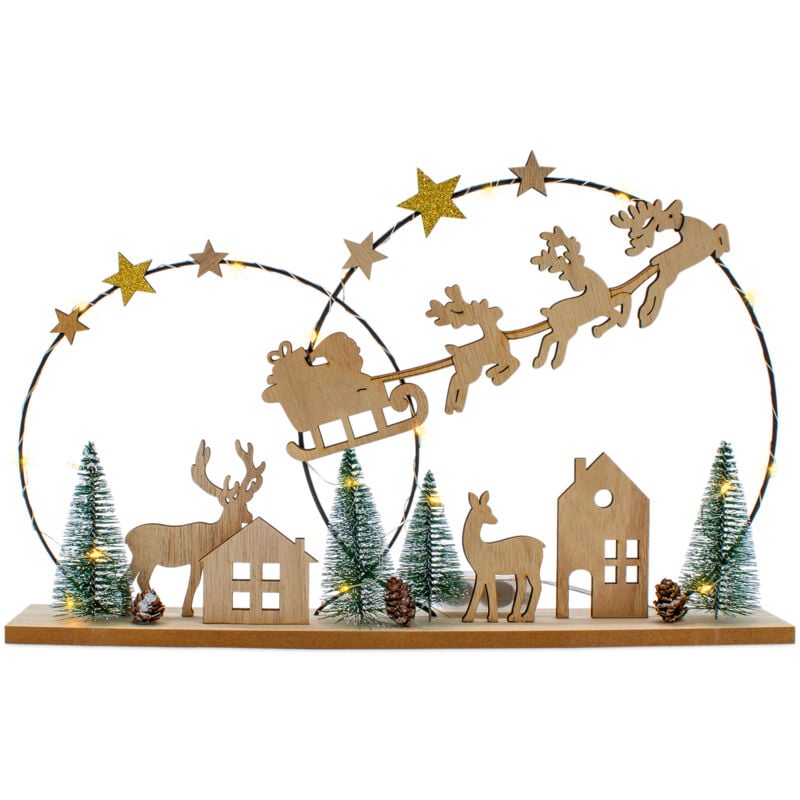 LED Deko Aufsteller aus Holz mit Weihnachts Motiv - 40 x 25 cm - Silhoutten Bild Weihnachtsmann mit Schlitten warm weiß beleuchtet - Weihnachts