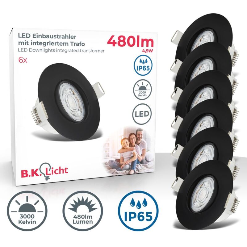 B.k.licht - Einbaustrahler 68mm 6er Set - 230V, 4,9W, 480lm, led, IP65, warmweiß, schwarz
