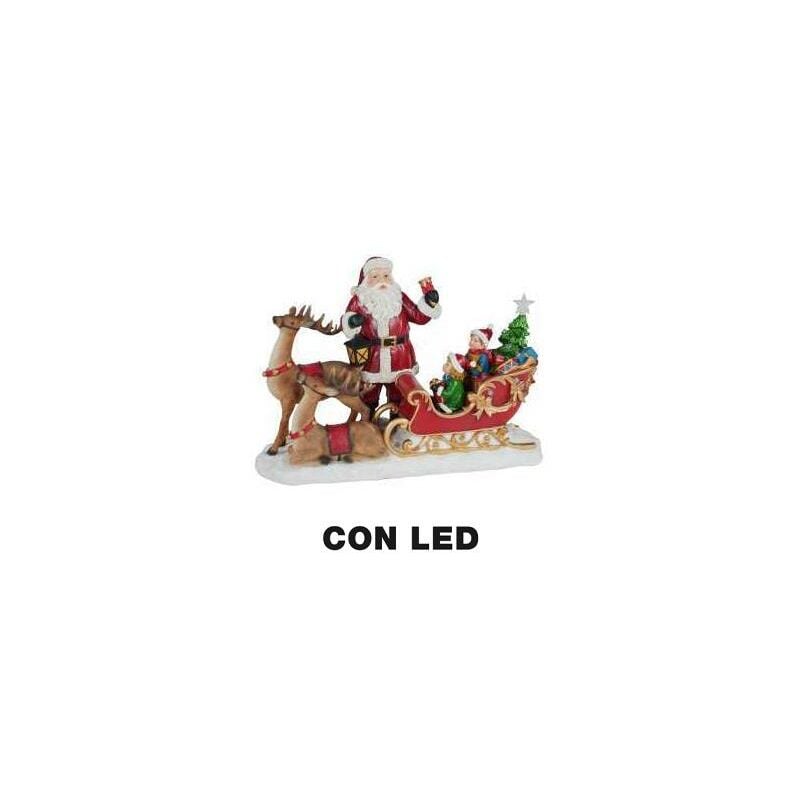 LED-Harz-Weihnachtsmann mit Rentier und rotem Schlitten cm38,5x17,5h27