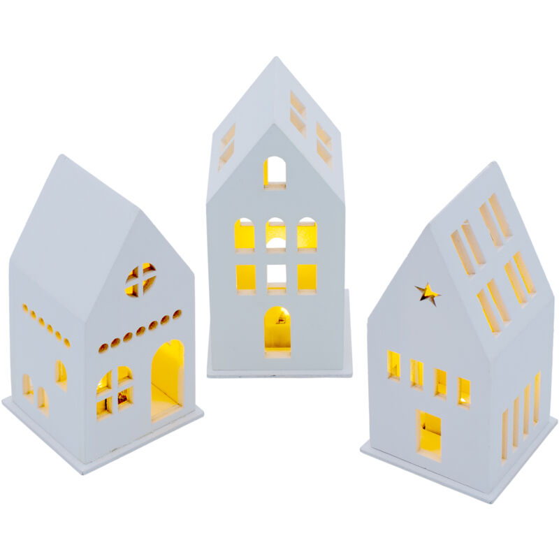 Led Holz Haus weiß Batterie betrieben 13 cm - 3er Set - Deko Weihnachtsdorf mit Beleuchtung in warm weiß - Weihnachts Tisch Deko Aufsteller Winter