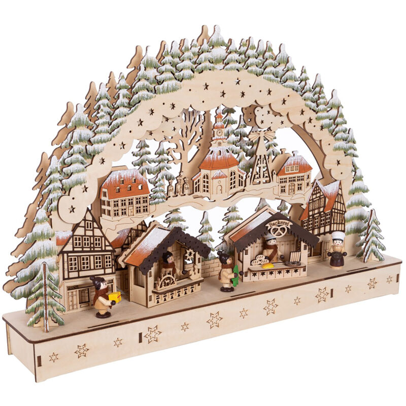 Led Holz Schwibbogen 44 x 30 cm - Motiv: Wintermarkt - Lichterbogen mit Weihnachtsmotiv - Weihnachtsdeko Tischdeko Fensterdeko Weihanchten Advent