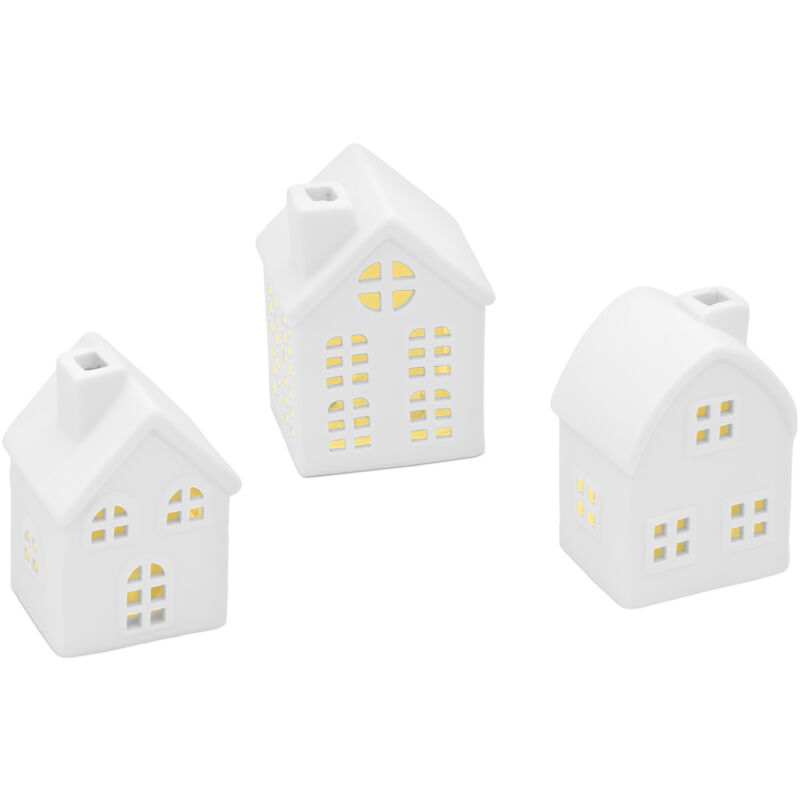 LED Keramik Haus weiß 9 cm - 3er Set - Deko Weihnachtsdorf mit Beleuchtung in warm weiß - Weihnachts Tisch Deko Aufsteller Winter Haus