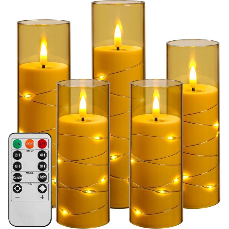 LED-Kerze mit Lichterkette, batteriebetriebene Kerze mit Fernbedienung und 24-Stunden-Timer, flammenlose Kerze für die Heimdekoration (Gold, 5er-Set)