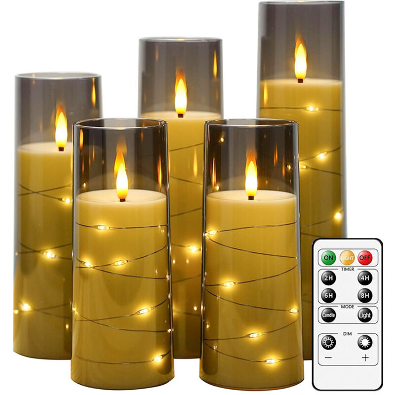 LED-Kerze mit Lichterkette, batteriebetriebene Kerze mit Fernbedienung und 24-Stunden-Timer, flammenlose Leuchtkerze für die Heimdekoration (Grau,
