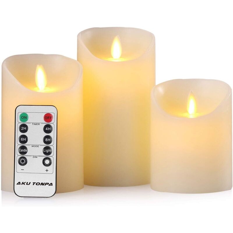 LED-Kerzen, 3er-Set, flammenlose, batteriebetriebene LED-Kerzen aus Echtwachs mit beweglichem Docht und Fernbedienung – 24-Stunden-Timer (D x H: 7,5
