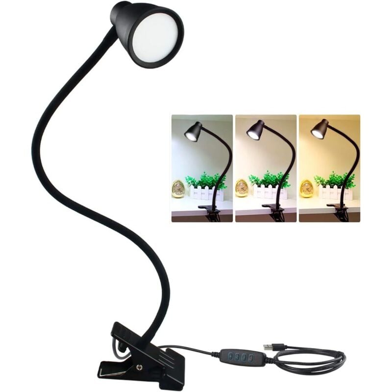 Lampe de lecture à LED, lampe à pince, 3 modes de couleur, 5 luminosités, lampe à pince pour table de chevet de bureau, alimentation USB 5 W, bras