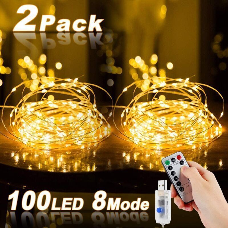 LED-Lichterkette, 2 Stück 10M 100LED USB wasserdichte Lichterkette mit Schalter, stimmungsvolle Kupferdraht-Lichterkette für Schlafzimmer,