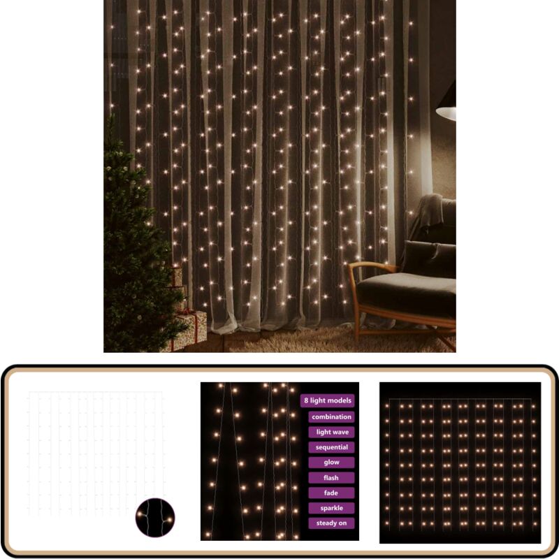 LED-Lichtervorhang 3x3 m 300 led Warmweiß 8 Funktionen - LED-Vorhang - Lichterketten - Weihnachtsdeko - Indoor Beleuchtung - Outdoor Beleuchtung