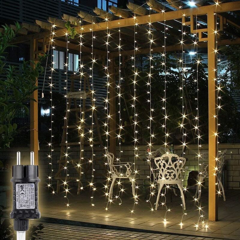 LED Lichtervorhang Außen 3x3 m, Lichterkette Vorhang Weihnachten Innen mit 8 Modi und Memory, Weihnachtsbeleuchtung Outdoor Garten, Warmweiß