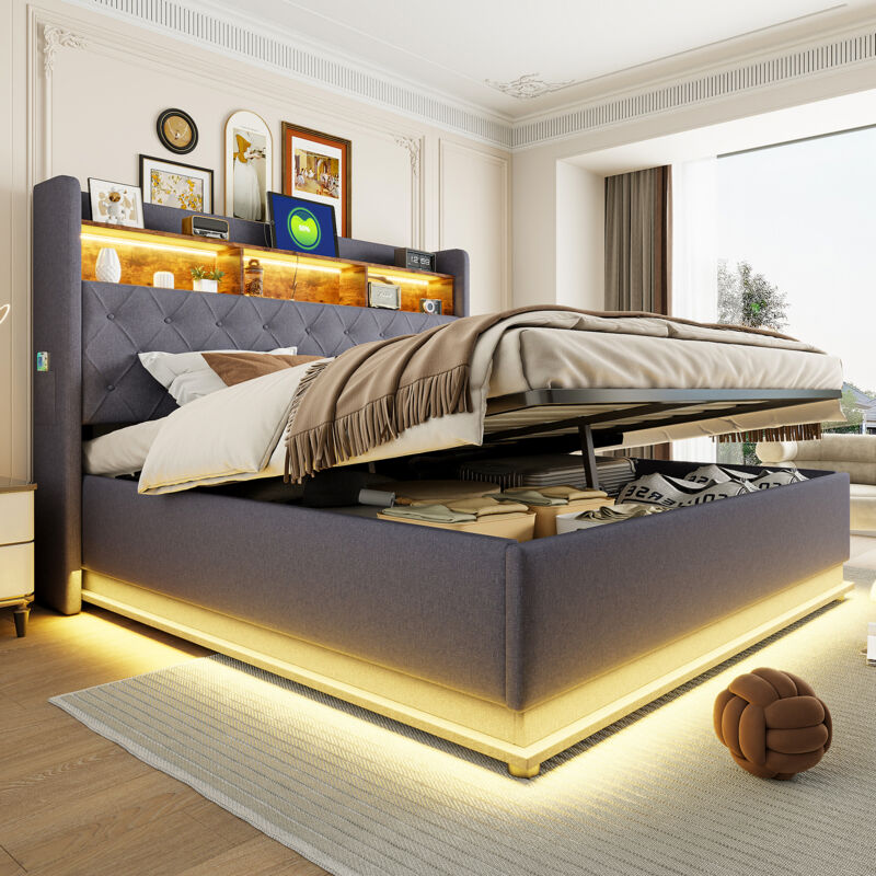 LED Polsterbett 180x200cm, Polsterbett mit Stauraum, USB-Ladeanschluss und hydraulischem Stauraum, hautsympathischer Leinenstoff, Grau