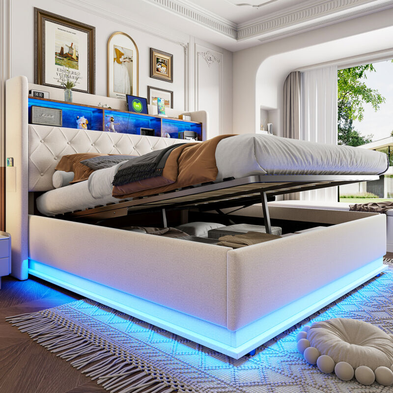 Led Polsterbett 180x200cm, Polsterbett mit Stauraum, USB-Ladeanschluss und hydraulischem Stauraum, hautsympathischer Leinenstoff, Beige