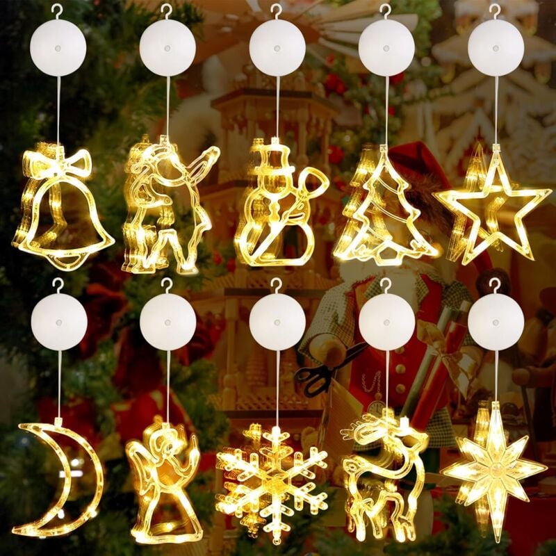 LED Saugnapf Weihnachten Lichter, 10 Stück LED Fensterlicht Saugnapf, Weihnachtsbeleuchtung Fenster, Hängende Innen Fenster Leuchte mit Saugnapf für