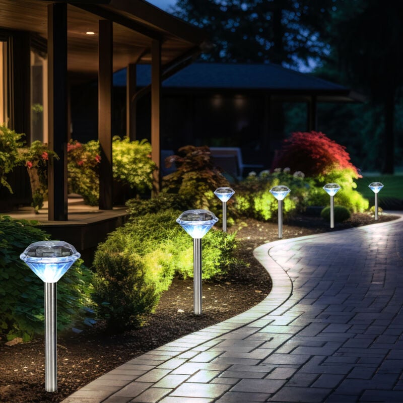 LED Solarleuchte Gartendeko Außenlampe Erdspieß Stecklampe im Diamant Design, Edelstahl Kunststoff, neutralweiß, DxH 8x34 cm, 6er Set