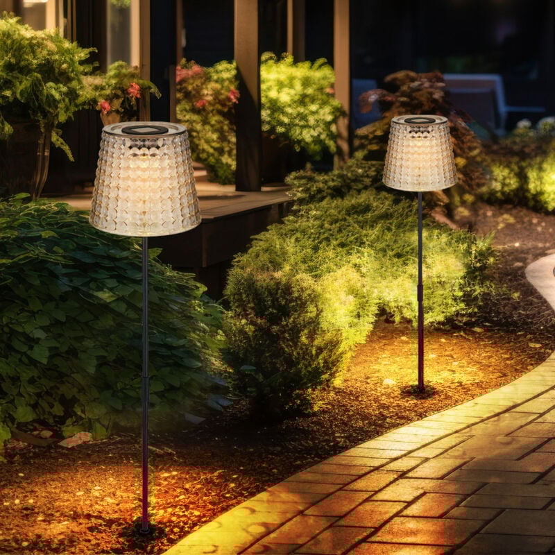 Led Solarleuchte Gartendeko Außenlampe Kristallleuchte, rauchfarben schwarz Kunststoff, Akku IP44 Erdspieß, 3000K warmweiß, 2er Set, h 60 cm