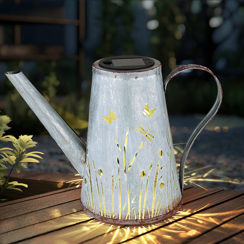 LED Solarleuchte Gießkanne Gartendeko Terrassenlampe Solarlampe, Metall blau antik rost, warmweiß Leuchtdauer 6-8h, LxH 27x19 cm