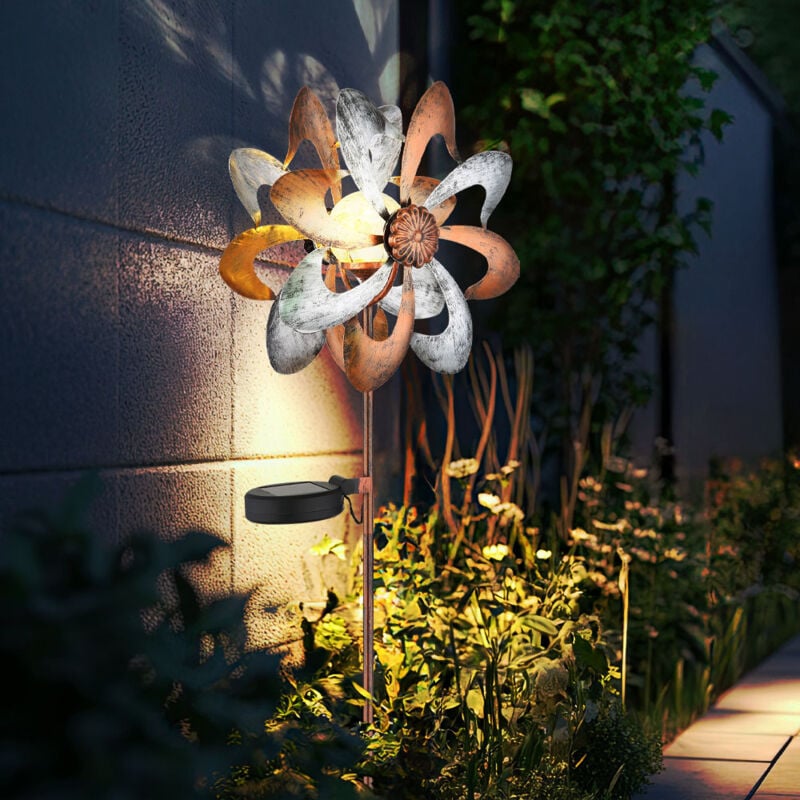 Solarleuchte Windrad Solarlampe Erdspieß Gartendeko Solar Gartenstecker gold silber, Metall, led warmweiß, LxBxH 22x12x92 cm