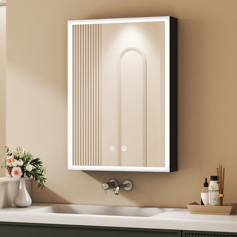 LED Spiegelschrank Bad mit Beleuchtung 50 x 70 cm, Spiegelschrank Schwarz Bad-Hängeschränke Medizinschrank Badezimmerschrank mit Touch-Schalter, 3