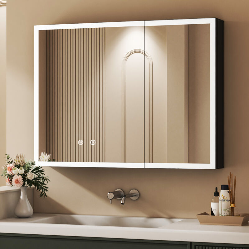 LED Spiegelschrank Bad mit Beleuchtung 80 x 60 cm, Spiegelschrank Bad-Hängeschränke Medizinschrank mit Touch-Schalter, 3 Einstellbare Lichtfarben,