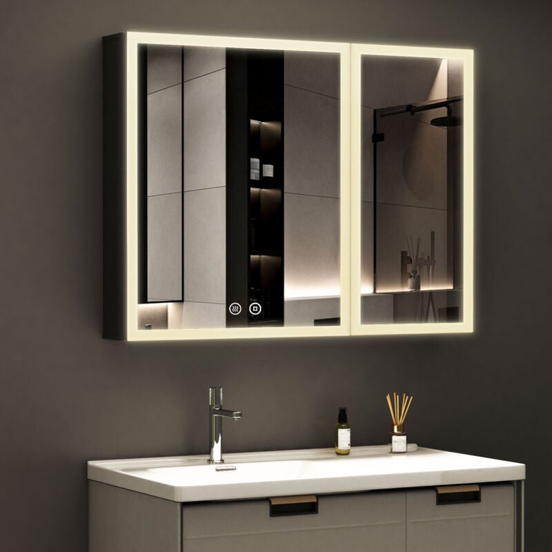 LED Spiegelschrank Bad mit Beleuchtung 80 x 60 cm, Spiegelschrank Bad-Hängeschränke Medizinschrank mit Touch-Schalter, 3 Einstellbare Lichtfarben,