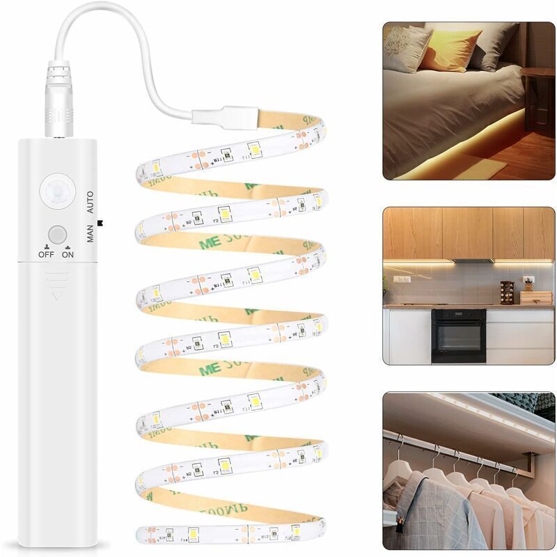 LED-Streifen mit Bewegungssensor – 1 m langer, batteriebetriebener, selbstklebender LED-Streifen, wasserdicht nach IP65, warmweißes LED-Licht (6000