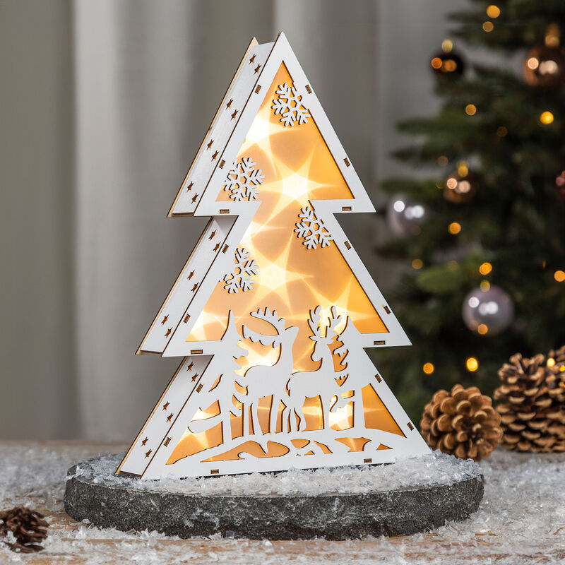 Led Tannenbaum aus Holz 30 cm - Rentiere - Deko Aufsteller warm weiß beleuchtet - Weihnachten Advent Winter Stern Tisch Deko Beleuchtung Batterie
