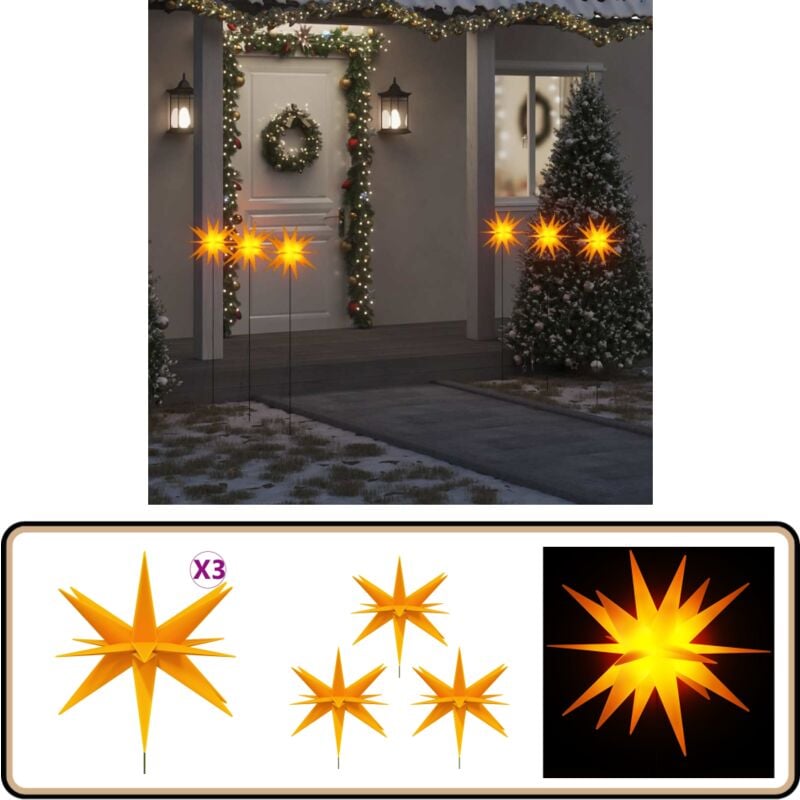 LED-Weihnachtssterne 3 Stk. mit Erdspießen Faltbar Gelb 35 cm - led Beleuchtung - Weihnachtsdeko - Outdoor Deko - Indoor Deko - Lichterkette
