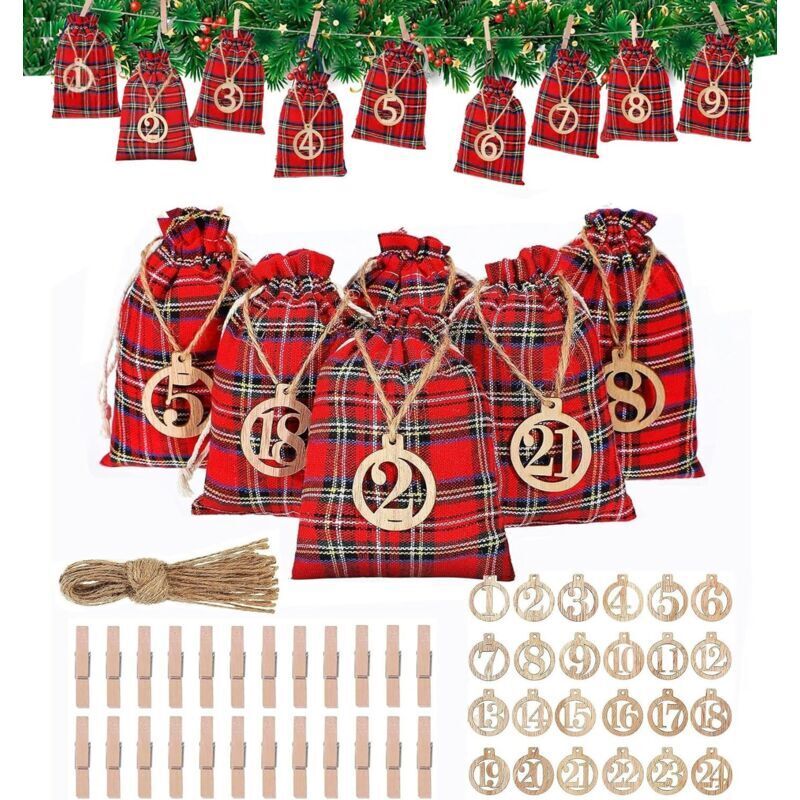 Leerer Adventskalender zum Selbstbefüllen 2025 für Frauen, Männer und Kinder, 14 x 10 cm Adventskalenderbeutel mit 24 Stoffbeuteln,
