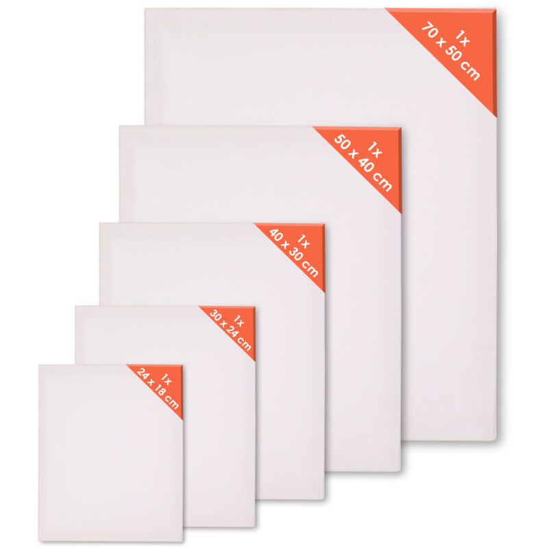 Leinwand auf Keilrahmen verschiedene Größen im 5er Set - 24 bis 70 cm - Kunstleinwand mit 3-fach grundiertem Leinentuch