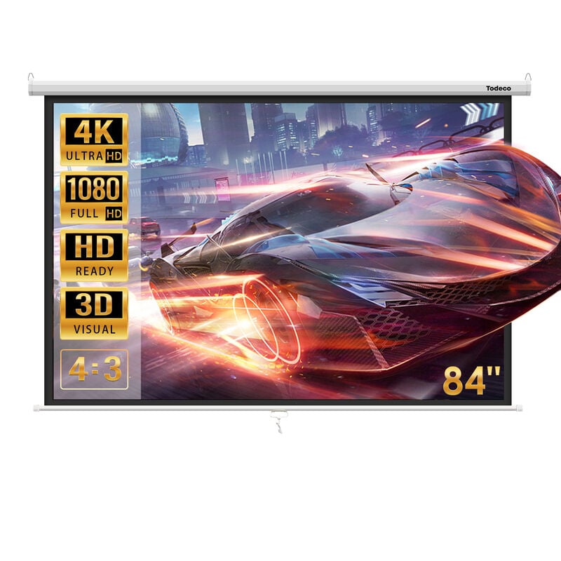 Leinwand, Hängeleinwand 84' Zoll 128 x 170 cm, Format 4:3, Heimkino mit 4K Full hd 3D, manuelle Rolloleinwand für Heimkino und Präsentation