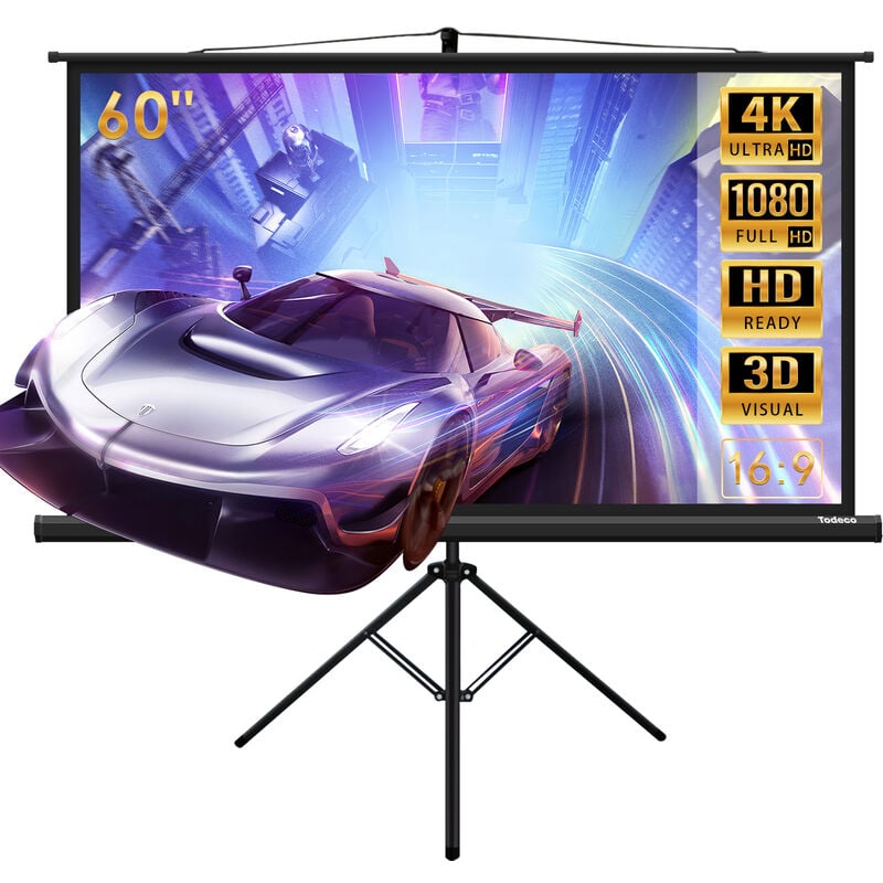 Leinwand mit Stativ 60 Zoll, Tragbar Projektor Leinwand, 130 x 75 cm, 16:9, 4K hd Klappbar Beamer Projektion Filme Leinwand für Indoor Outdoor Home