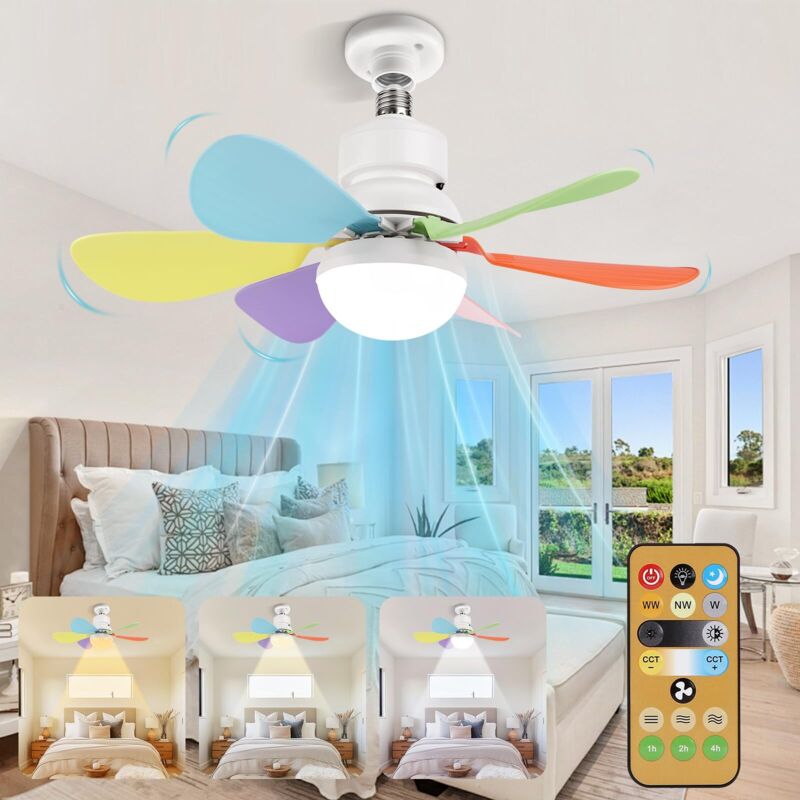 Leiser Deckenventilator mit Licht und Fernbedienung, 30-W-Deckenventilatorlampe mit E27-Fassung, dimmbarer LED-Deckenventilator für Schlafzimmer, 6