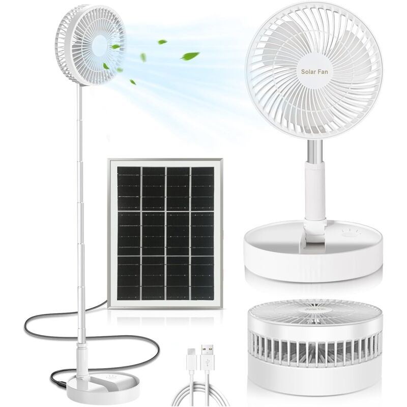 Leiser Standventilator, solarbetriebener Ventilator und wiederaufladbarer USB-Akku, höhenverstellbarer und klappbarer Tischventilator, tragbarer