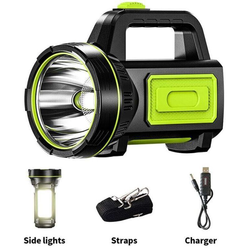Leistungsstarke, per USB wiederaufladbare LED-Taschenlampe mit Seitenlicht, wasserdichte Taschenlampe für Notfälle beim Wandern, Campen und Jagen
