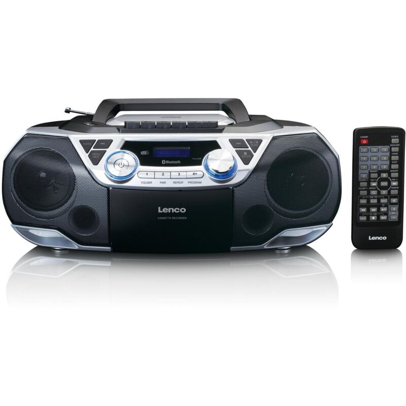 Portable boombox with dabfm radio bluetooth cd cassette recorder and usb player silver