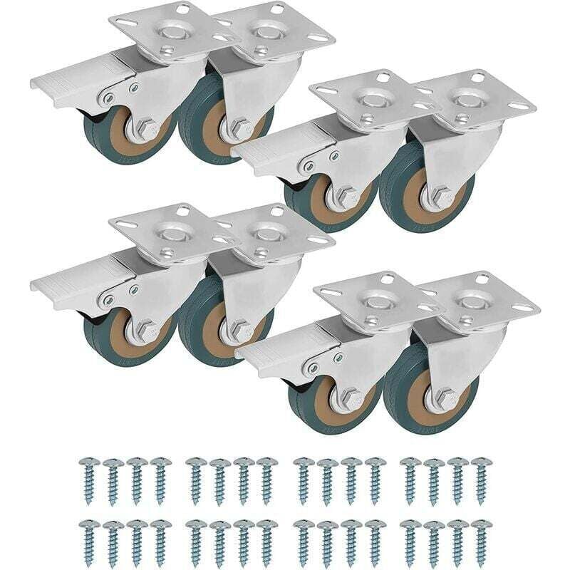 Lenkrollen für Möbel (8er-Pack) – 50 mm große Möbelrollen mit Gummirädern, Schrauben, Bremsen und Metallplatten – Rollen für Möbel, Trolleys und den
