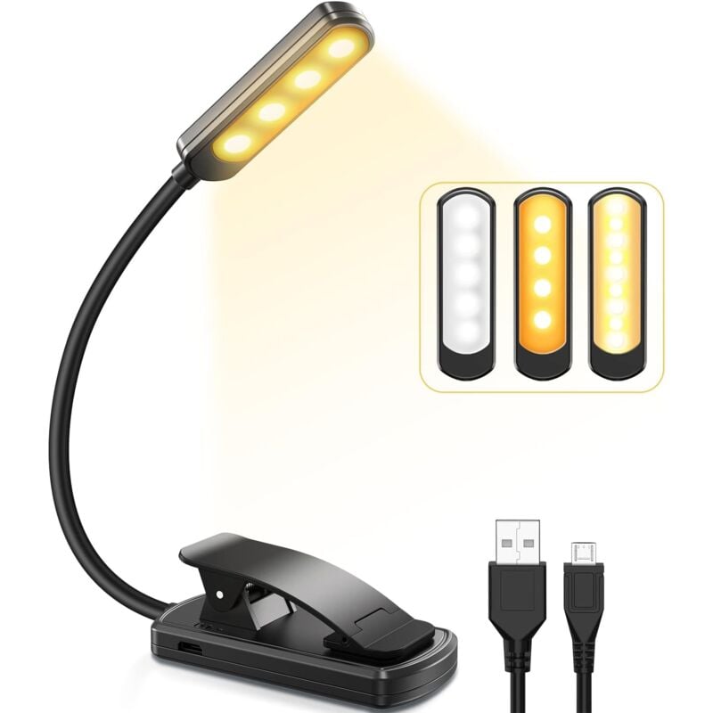 Leselampe, LED-Leselampe, USB-Ladeclip-Lampe, 3 Farben, 9 Stufen einstellbar, Mini-Nachtlicht, geeignet zum Lesen im Bett, für Kinder, Kindle, Reisen