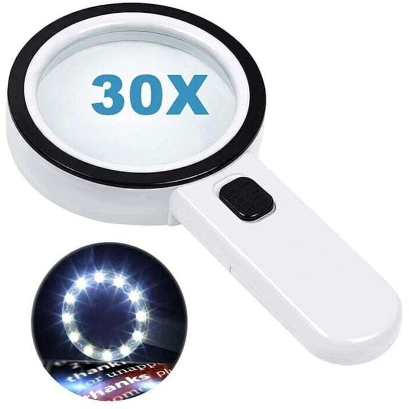 Leselupe mit 12 LED-Leuchten, Doppelglaslinse und 30-facher Vergrößerung. Zum einfachen Lesen von Münzen, Briefmarken und Karten.