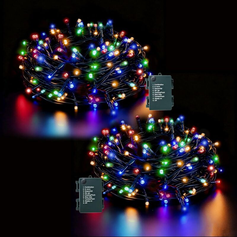 Lichterkette Batterie 10m 100LEDs 2 Stück Bunt, Weihnachtsbaum Lichterkette Außen Batterie Timer & 8 Modi IP44 Wasserdicht Weihnachtsdeko Für Zimmer,