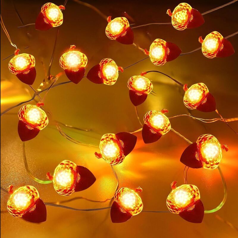 Lichterkette mit Eichelmotiv, 5 m, 50 LEDs, Herbstdekoration, LED-Lichterkette, batteriebetrieben, für Herbst, Erntedankfest, Halloween