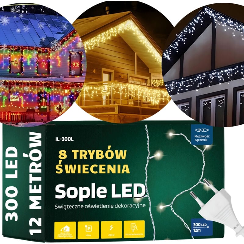 Lichtervorhang, Lichterkette, Weihnachtsbeleuchtung außen, 300 LED, 12m kalt. Weihnachtsbeleuchtung außen, Eiszapfen, 300 LED, kaltweiß.