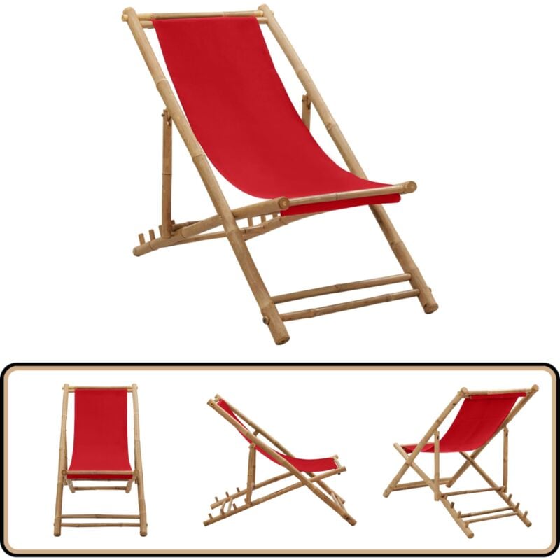 Liegestuhl Bambus und Canvas Rot - Liegestuhl - Gartenstuhl - Strandstuhl - Bambus Möbel - Outdoor Möbel