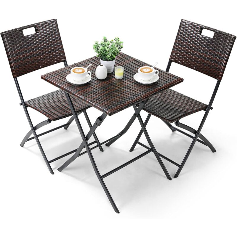 Balkonmöbel Set 3-teilige, Balkonmöbel Rattan, Bistro Gartenmöbel, 1 Klapptische und 2 Stühle, Braun Balkonmöbel Klappbar, Klappmöbel Stuhl für