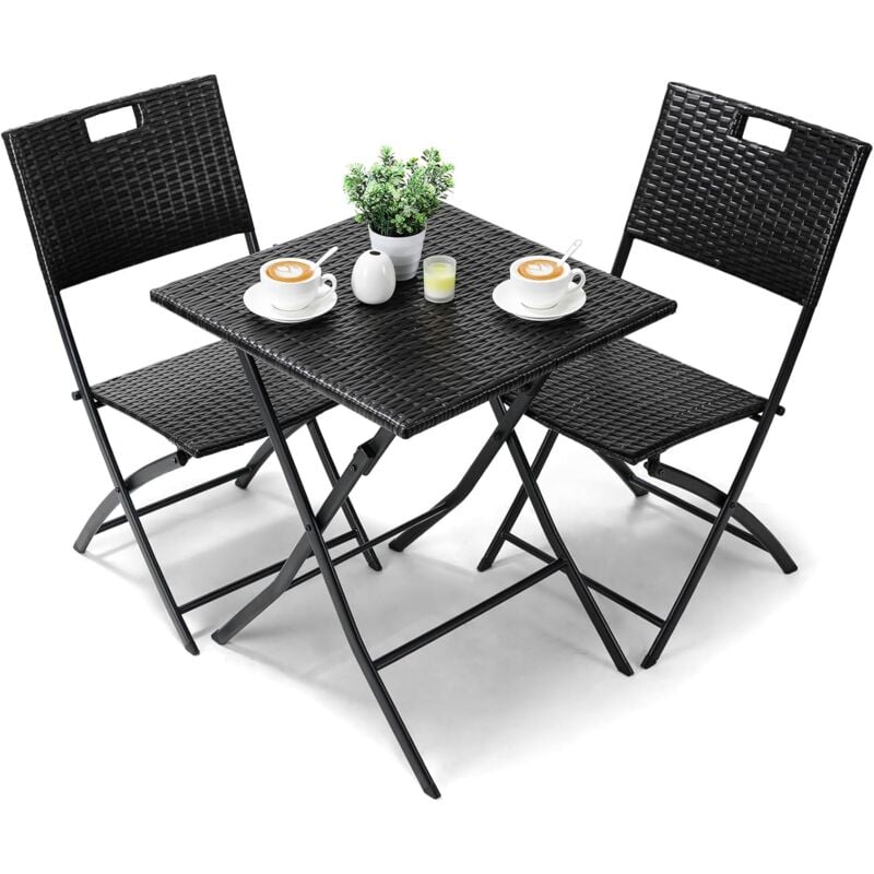 Balkonmöbel Set Bistro, Balkonmöbel Rattan Set, Bistro Gartenmöbel Set 3-teilige, Klappbar Balkontisch mit 2 Stühle, Schwarze Balkon Set, Balkonmöbel