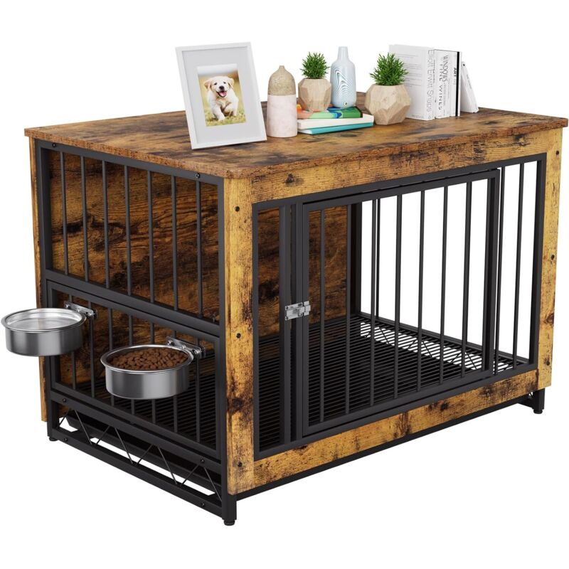 LIFERUN Hundekäfig für Zuhause, Holz Hundebox, 93x64x58cm, Hundehütte mit 2 Hundenäpfe und Tür, Hundehaus für Drinnen mit Abnehmbares Tablett,