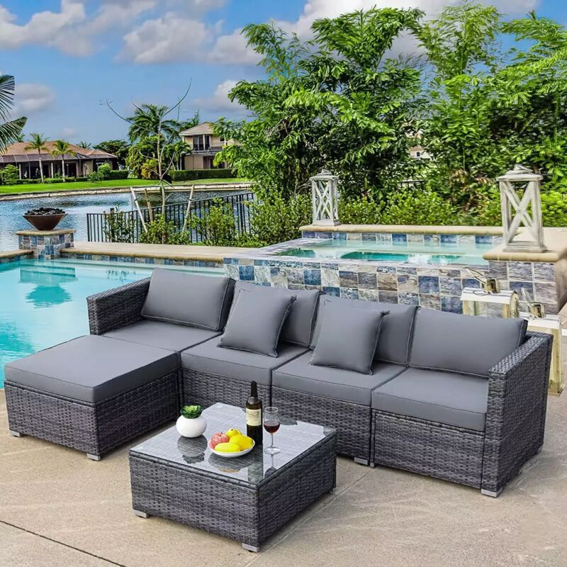 Polyrattan Gartenmöbel Set 6-teilig, Wetterfest Balkonmöbel Set bis 7 Personen, Außen Terrassenmöbel inkl. Rattansessel Couchtisch, Lounge Set