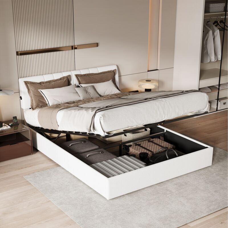 Bett 140 x 200 cm – Bettkasten 140 x 200 mit Stauraum und USB-Anschlüssen – mit Fleece gepolstert – Cremefarben