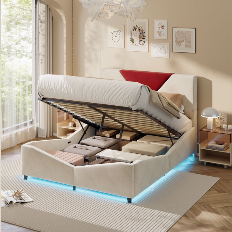 Bett 140 x 190 cm – Bettkasten 140 und Lattenrost – Design-Kopfteil – Geräumiger Stauraum und LED-Beleuchtung – Zweifarbig Creme & Rot