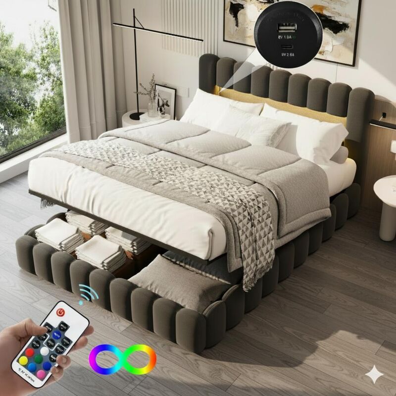 Bett 140 x 200 cm – Bettkasten 140 x 200 cm und Lattenrost – Kopfteil mit RGB-LED-Beleuchtung, USB-/Typ-C-Anschlüsse – ohne Matratze – grauer