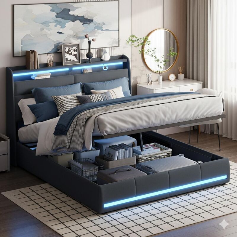 Bett 140 x 200 cm – Bettkasten 140 x 200 – Doppelbett mit LED-Ambientebeleuchtung – Kopfteil mit Ablageflächen – aus PU – Schwarz